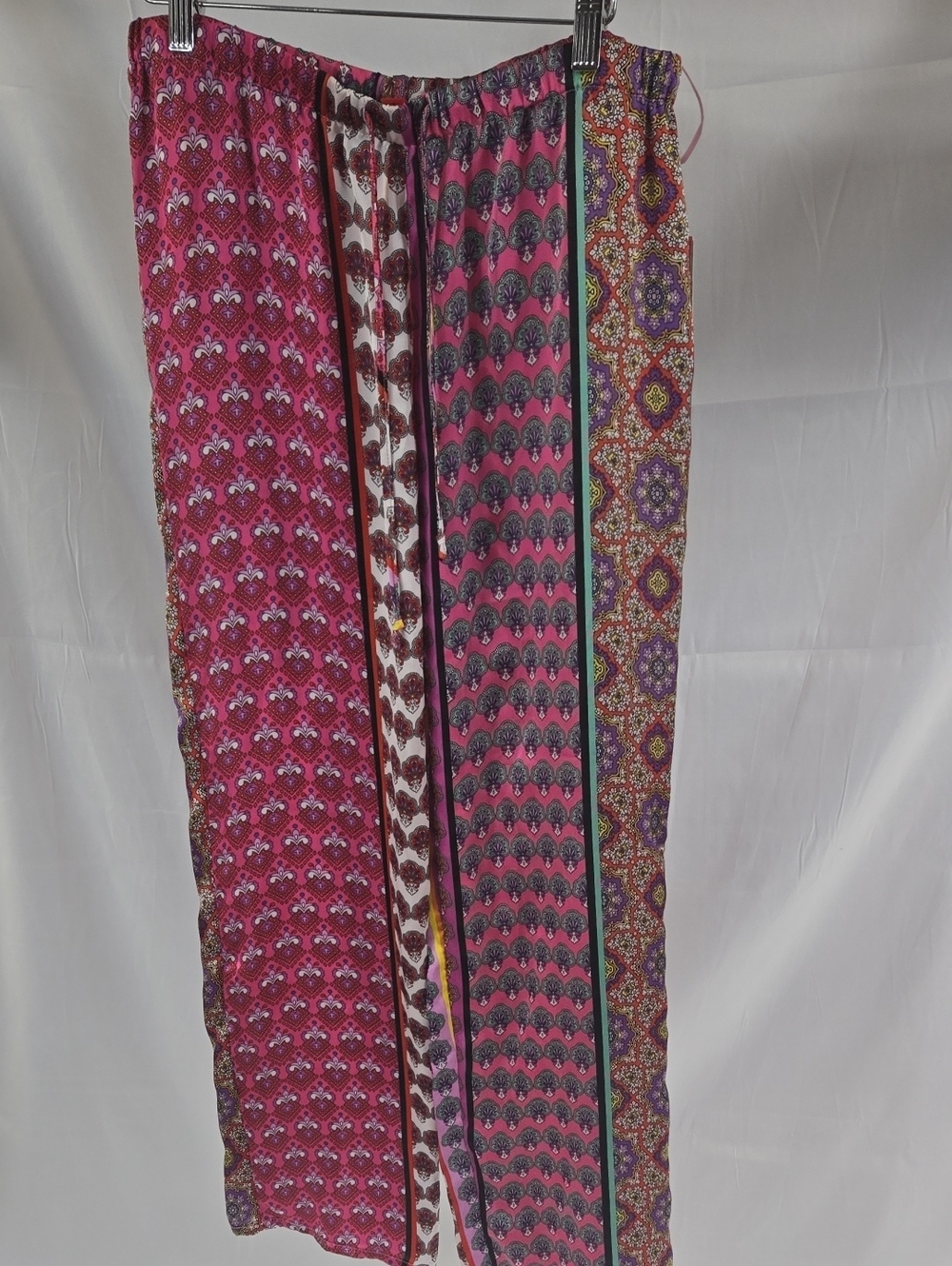 Josie Boho Patchwork Satiny Lounge Pants in Pink & Purple Boho Print Small